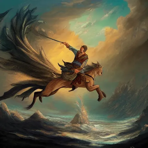 Prompt: epic fantasy illustration of a man riding a fish through the sky