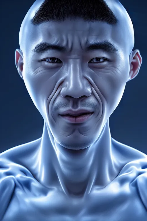 Prompt: hyperrealistic close-up very expressive biomechanic chinese man highly detailed concept art eric zener elson peter cinematic blue lighting high angle hd 8k sharp shallow depth of field