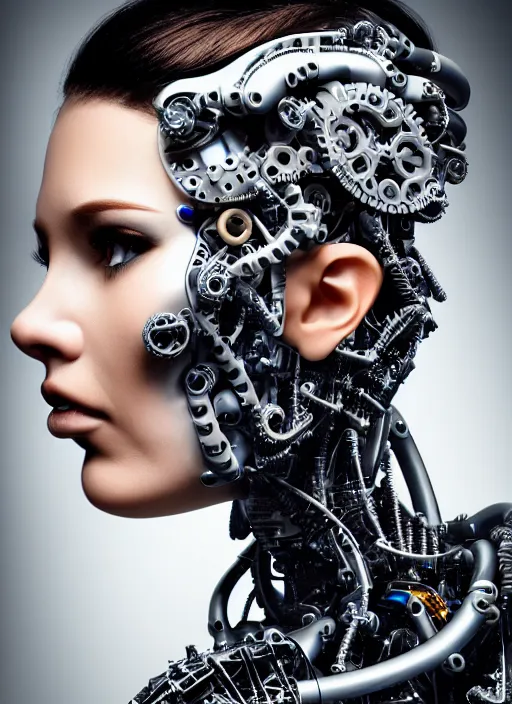 Image similar to a stunning young female cyborg profile face, face is made intricate tribal bio - mechanical, editorial photography, schlieren, depth of field, f / 2. 8, high contrast, 1 6 k, rays of shimmering light, volumetric lighting, shiny, insanely detailed and intricate, hypermaximalist, elegant, ornate, hyper realistic, super detailed