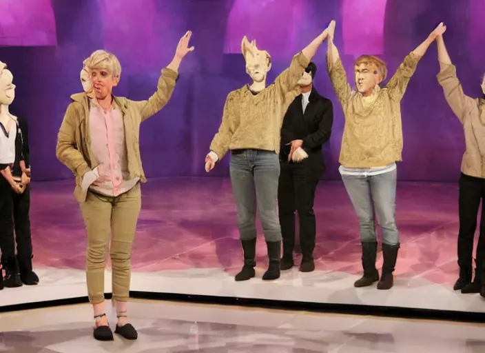 Prompt: illuminati ritual on stage stage of the elen degeneres show, dobby mannequins praising elen degeneres, detailed facial expression