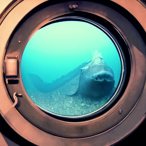 Image similar to a ghost leviathan seen through the porthole of a submarine, dark, underwater,