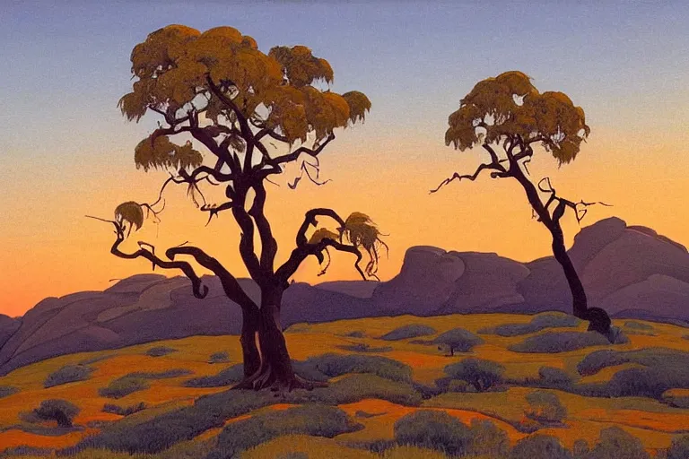 Prompt: masterpiece painting of oak trees along the ridge at dawn, by a. j. casson and john watkiss and edward okun and albert namatjira