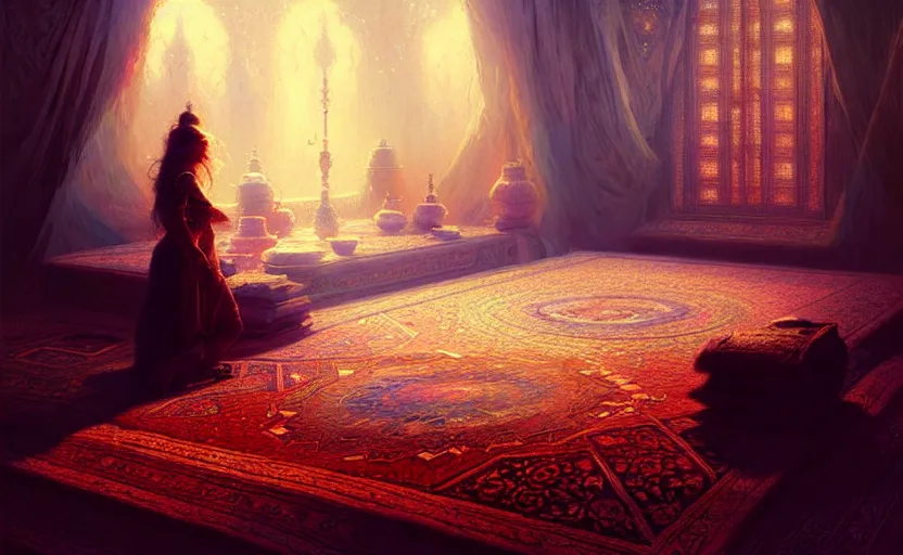 Image similar to magic fluffy Persian carpet dimension, by Greg Rutkowski and Gaston Bussiere, dim lighting, beautiful volumetric-lighting-style atmosphere, surreal atmosphere, intricate, detailed, photorealistic imagery, artstation