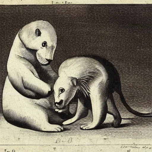 Image similar to “a large baby harp seal eating a lion, engraving from 1750s”