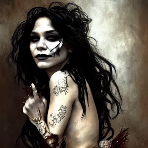 Image similar to beautiful portrait of vanessa hudgens as death from sandman, smiling, by cedric peyravernay, alphonse mucha, by jeremy mann, by lecouffe deharme, goth chic, soft lightning, eyeliner, punk rock, high detailed, 8 k