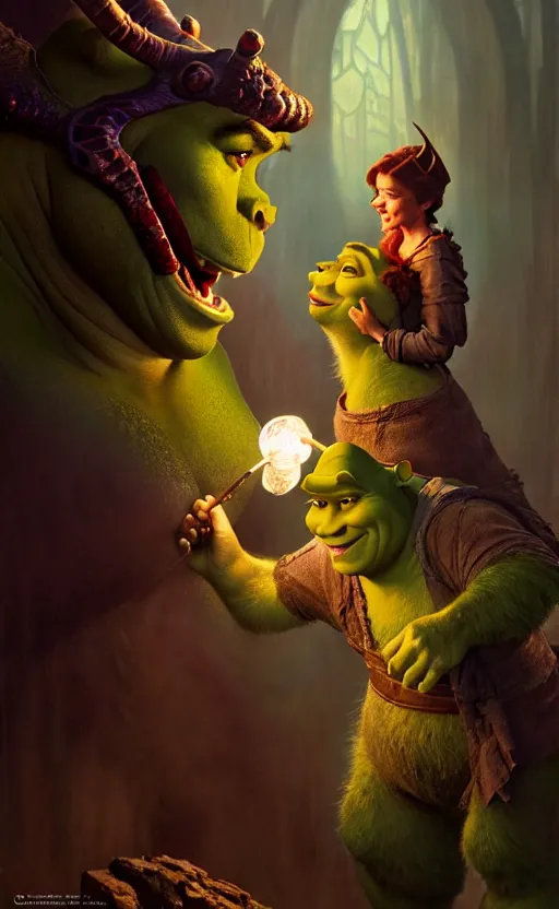 Image similar to shrek dragon gorgeous lighting by weta studio, mucha, bautista and norman rockwell and greg rutkowski and tom bagshaw and james gurney and lucasfilm