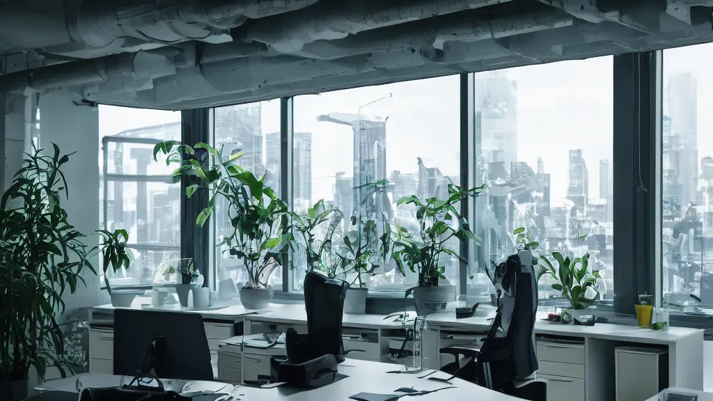 Image similar to IKEA catalogue photo, modern office space, retro future style furniture, cyberpunk style neon lighting, lush plant life, cityscape in the window