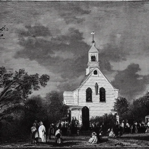 Image similar to 1 9 th century southern gothic scene of a religious gathering, louisiana, bayou in the background, old white wooden church