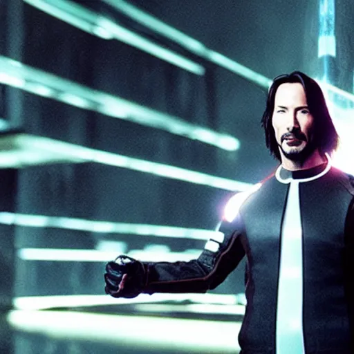 Image similar to keanu reeves in tron legacy city, dressed as a citizen of the city, award winning photography