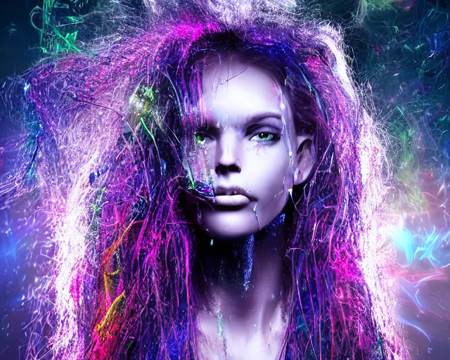 Image similar to glowing hair, complex cybernetic beings, beautiful hairy humanoids, cybermagnetosphere, cybernetic civilizations, ornate hair, love, joy, vortexes, large arrays, data holograms, 8 k, cinematic light shadows, wet hdr refractions, *, * * *, * * * * *