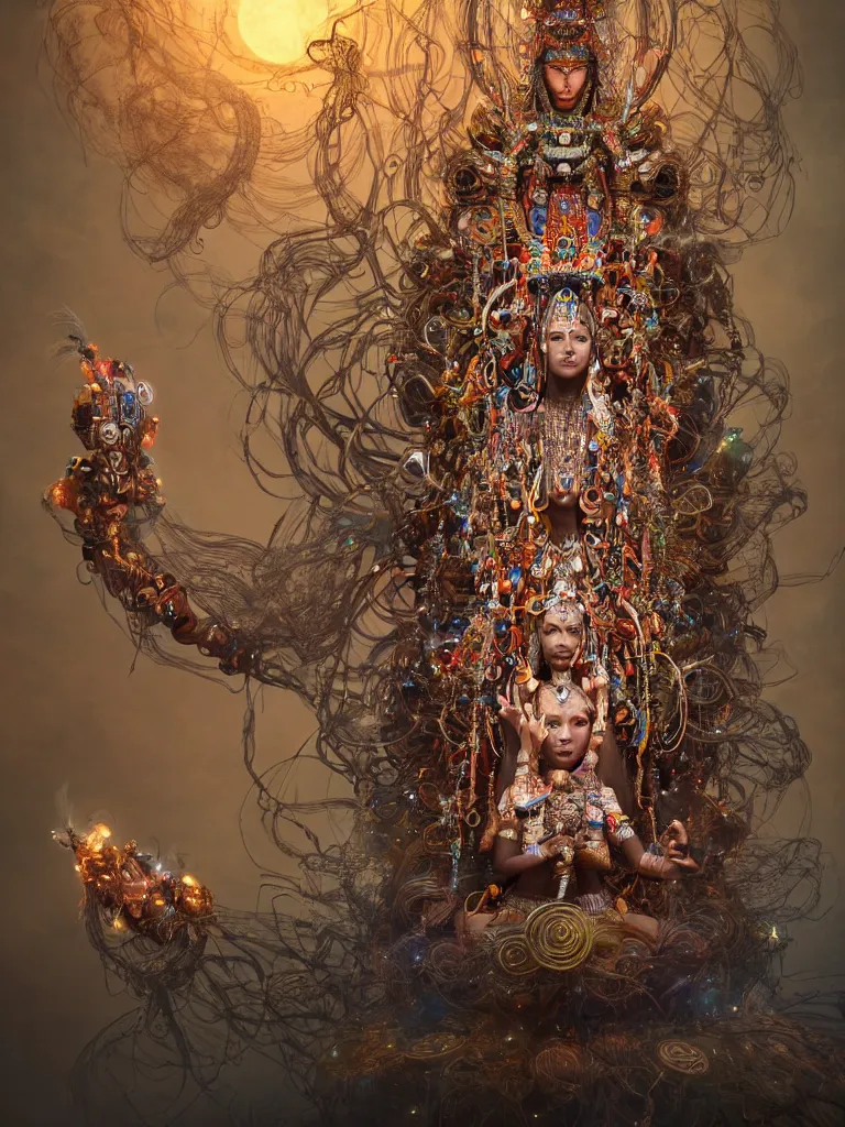 Image similar to an ancient mystical alluring tribal elder wearing an intricate head dress of feathers and jewels generating flowing energy and surrounded by wisps of incense smoke sits meditating in a cybernetic robot temple, face face face, by justin gerard and android jones, 3 d, cinema 4 d render, trending on artstation, 8 k