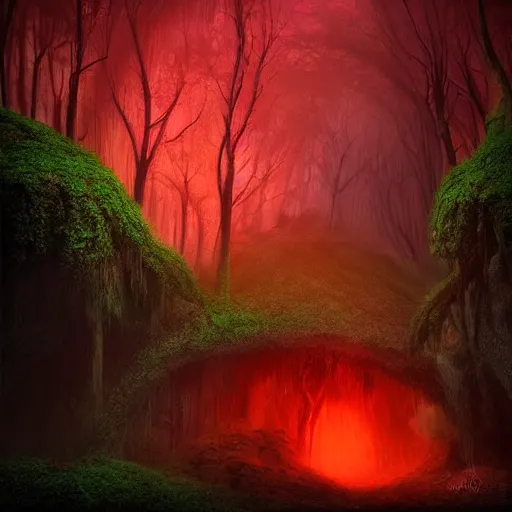 Prompt: red glow coming from cave entrance in ethereal lush forest with mystical ambiance and fog, desaturated, realistic, sharp focus, highly detailed, by artgerm