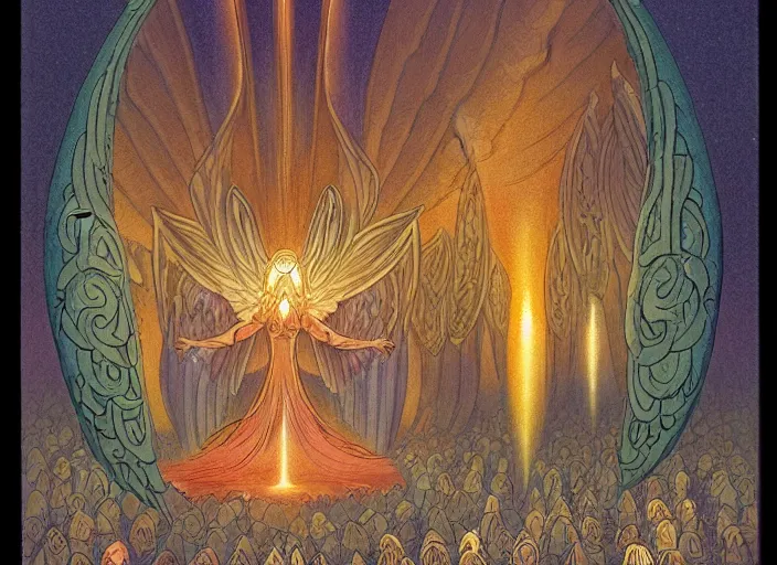 Prompt: a symmetrical! mtg illustration by charles vess of hundreds of radiant tiny winged seraphim flying out from the entrance of a gargantuan vulva!!! - shaped temple of smooth organic architecture, floating in the astral plane and constructed of house - sized crystals and with the bulb of the vestibule over the temple door made of iridescent pearl