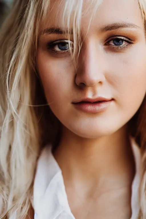 Image similar to 2 4 year old professional blonde female wearing white blouse, portrait, neck zoomed in, photo realistic, slr, golden hour, 4 k, high definition, selfie