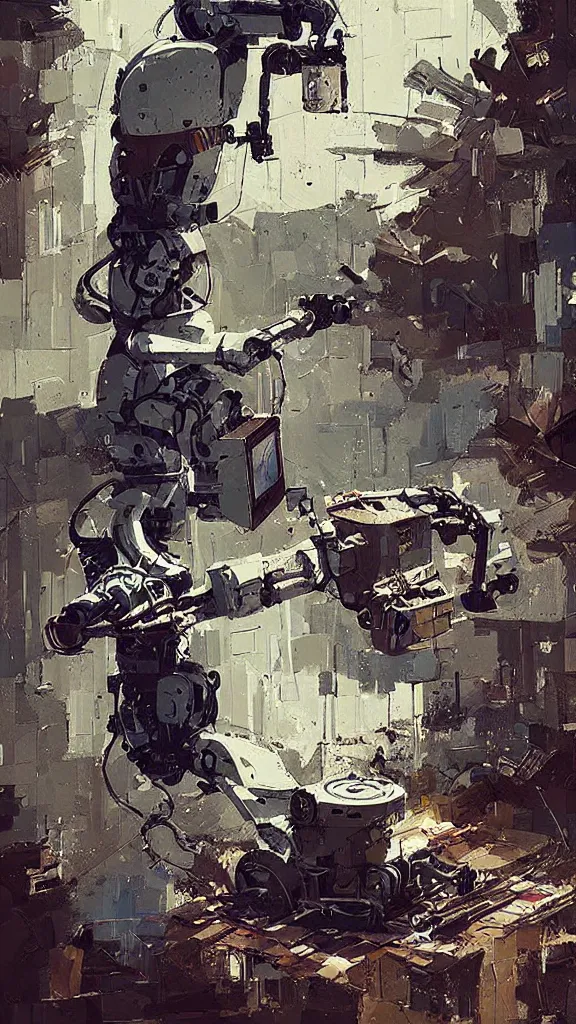 Image similar to robot painting a robot on canvas, intricate, highly detailed, photorealistic, film still, by ismail inceoglu.