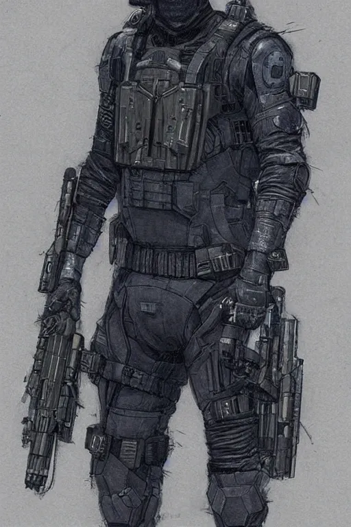 Prompt: Bruce. blackops mercenary in near future tactical gear, stealth suit, and cyberpunk headset. Blade Runner 2049. concept art by James Gurney and Mœbius.
