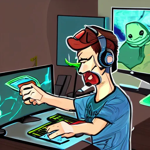 Prompt: a professional drawing of vinny vinesauce streaming and playing computer games, fanart, trending on artstation, by kawacy