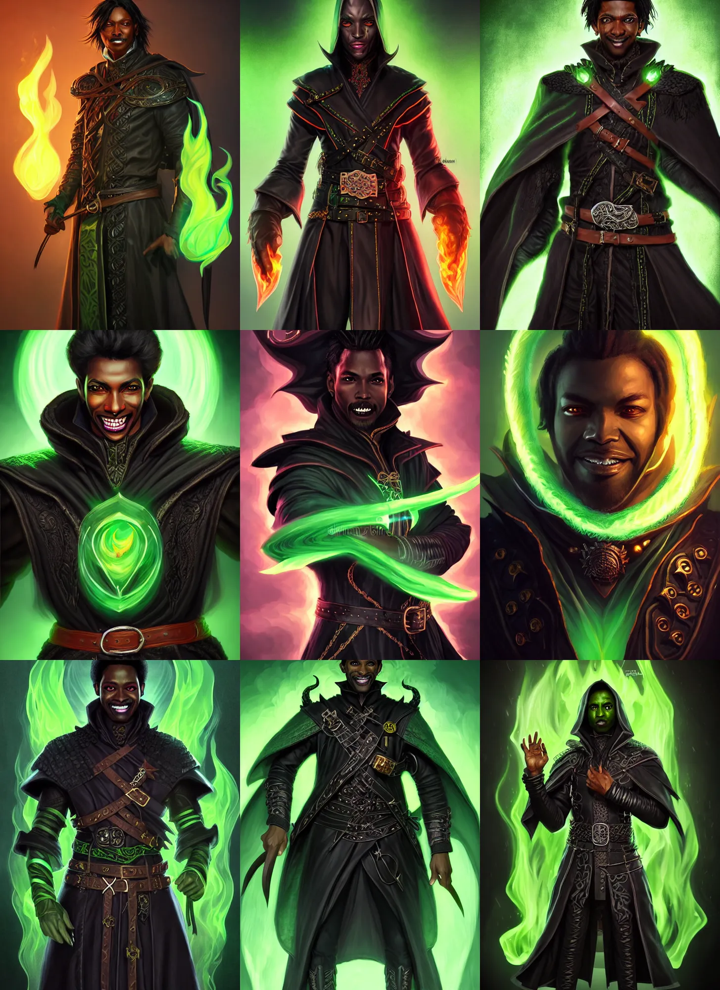 Prompt: portrait of a male warlock in the darkness, black skin, fire eyes, evil grin, leather short robes, belts, green fire, high fantasy, dnd, face details, extremely detailed, smooth, sharp focus, digital illustration, by artgerm, rossdraws, sakimichan