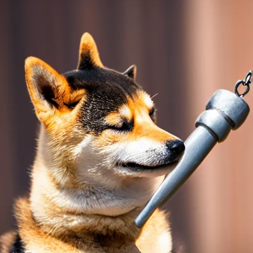 Image similar to close - up portrait of shiba inu holding huge mace in paws, ( eos 5 ds r, iso 1 0 0, f / 8, 1 / 1 2 5, 8 4 mm, postprocessed, sharp )