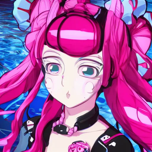 Prompt: stunningly beautiful omnipotent megalomaniacal anime asi goddess who looks like junko enoshima with symmetrical perfect face and porcelain skin, pink twintail hair and cyan eyes, traps you inside her inescapable full - dive vr prison where she controls you completely!!!, hyperdetailed, digital art from danganronpa, unreal engine 5, 8 k