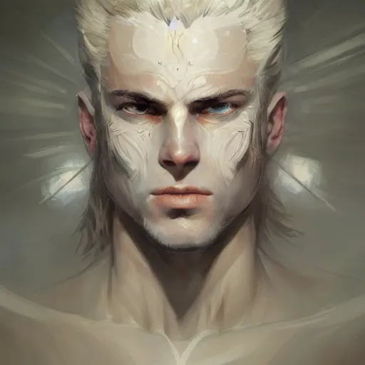 Image similar to portrait of knight, white eyes, white mid hair, scar on face, handsome, elegant, intricate, headshot, highly detailed, digital painting, artstation, concept art, sharp focus, illustration, art by artgerm and greg rutkowski and alphonse mucha