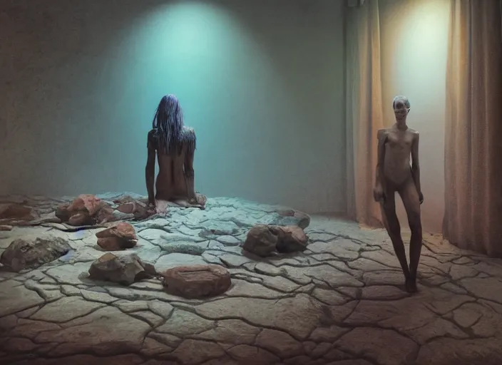 Prompt: rgb, woman, bedroom full of rocks, cinematic, movie scene, inspired by zdzislaw beksinski, clothes made out of veins,, cables everywhere, bedroom, ultra realistic, concept art, intricate details, highly detailed, photorealistic, octane render, 8 k