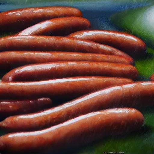 Prompt: a rainy day, but the rain is consisting of sausages, photorealistik, high quality