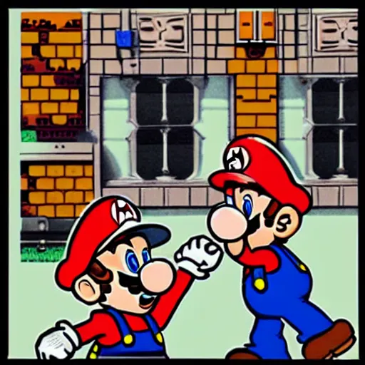 Prompt: Mario Bros playing with the Beatles