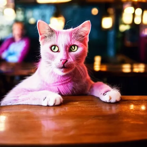 Prompt: cat with pink hair sitting in a bar smoking all alone