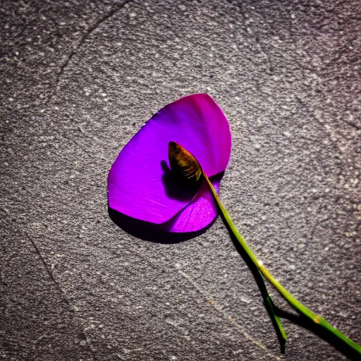 Image similar to closeup photo of 1 lone purple petal flying above a city city park, aerial view, shallow depth of field, cinematic, 8 0 mm, f 1. 8