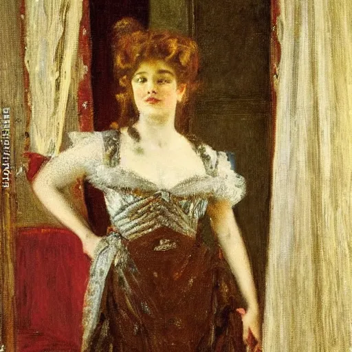 Prompt: a theatre actress waiting behind the curtain on stage, by alfred stevens