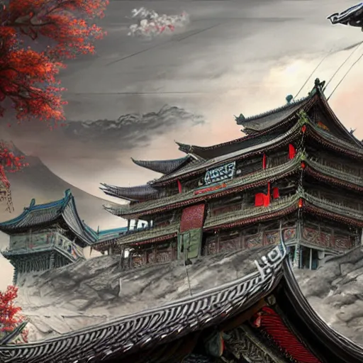 Image similar to dynamic composition, motion, ultra-detailed, incredibly detailed, a lot of details, amazing fine details and brush strokes, colorful and grayish palette, smooth, HD semirealistic anime CG concept art digital painting, watercolor oil painting of epic castle gate, from Three Kingdoms, by a Chinese artist at ArtStation, by Huang Guangjian, Fenghua Zhong, Ruan Jia, Xin Jin and Wei Chang. Realistic artwork of a Chinese videogame, gradients, gentle an harmonic grayish colors.