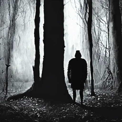 Image similar to creature consisting of a crow and a human, werecrow, photograph captured in a dark forest