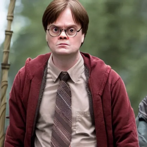 Prompt: dwight schrute playing harry potter in a harry potter movie