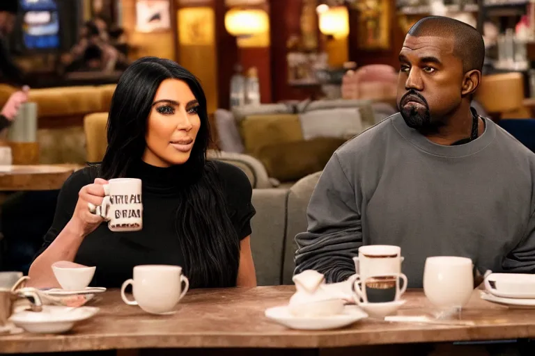 Prompt: Kanye West and Kim Kardashian (2018) are best friends, drinking coffee at central perk, still photo, hyperrealistic, highly detailed, 35mm, 8k, by weta digital