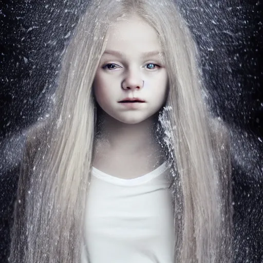 Image similar to young girl with long blonde hair jumped up and froze in the white room, photorealistic