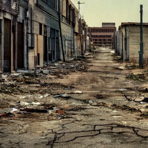 Prompt: color photograph, highly detailed abandoned city street after the war between humans and AIs, natural light, film grain, soft vignette, sigma 85mm f/1.4 1/10 sec shutter, film still promotional image, World Press Photo awarded, IMAX 70mm footage