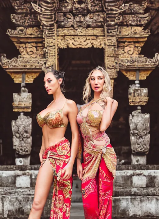 Image similar to portrait of lindsey pelas and gal gadot wearing kebaya in balinese temple, by charlotte grimm, natural light, detailed face, beautiful features, symmetrical, canon eos c 3 0 0, ƒ 1. 8, 3 5 mm, 8 k, medium - format print, half body shot