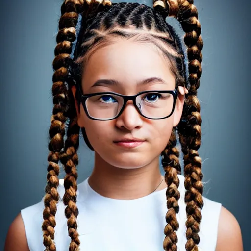 Prompt: an award winning full body portrait of a honor student with twin braids, wearing glasses and a white dress, symmetric and beautiful face, very detailed, photo taken with Sony a7R