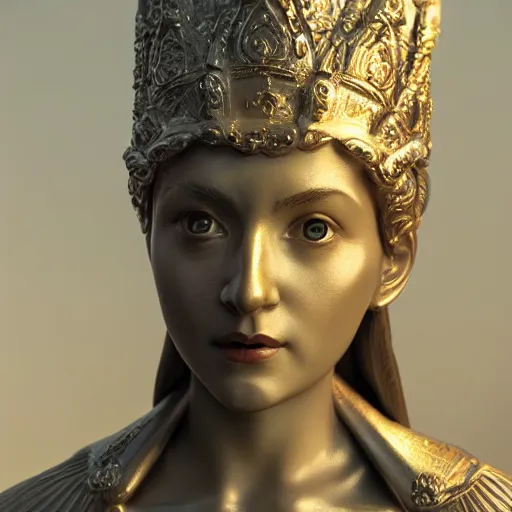 Image similar to statue young woman queen, chrome, reflect 8 k uhd, unreal engine, octane render in the artstyle of finnian macmanus, john park and greg rutkowski