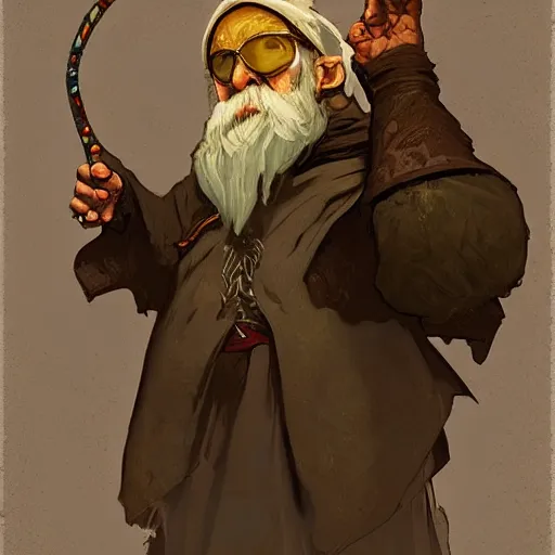 Prompt: old gnome wizard, by greg rutkowski and alphonse mucha, digital art, realistic painting, fantasy, dnd, character design, trending on artstation