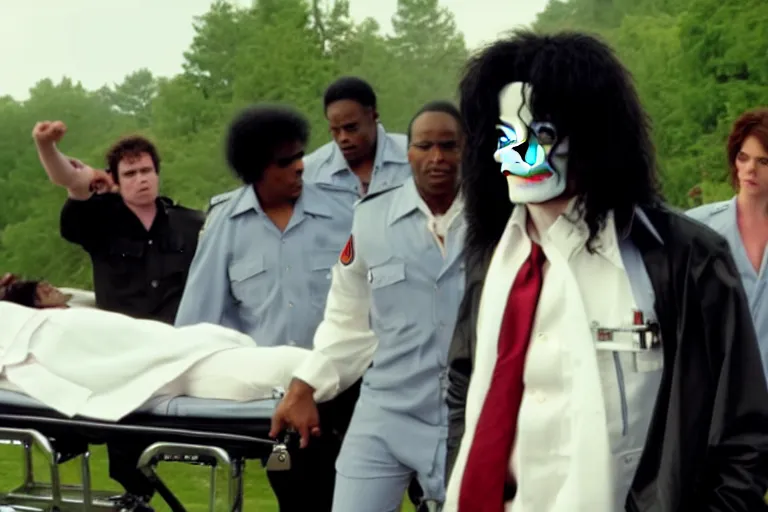 Image similar to Michael Jackson 2009 in a stretcher leading to ambulance ultra realistic, 4K, movie still, UHD, sharp, cinematic