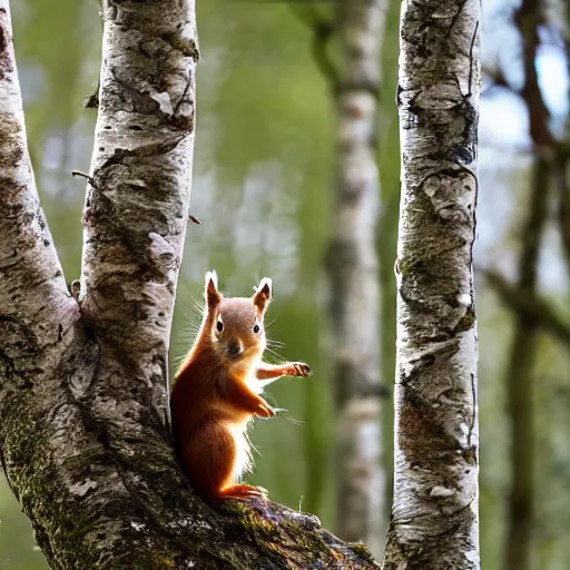 Prompt: David Attenborough in a birch forest in early spring morning, red squirrels on tree branches