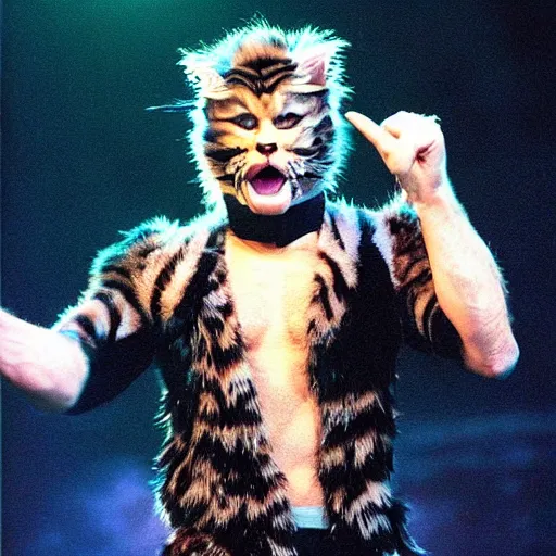 Image similar to 📷 john partridge playing rum tum tugger, spike collar, fluffy neck, cats the musical 🎶, 1 9 9 8 version, professional cat - like makeup, stunning choreography and lighting