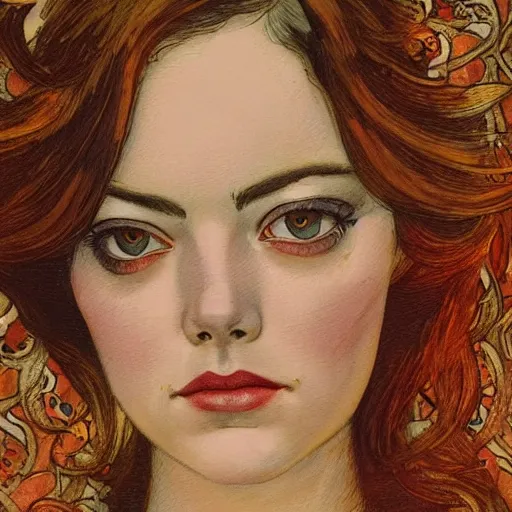 Image similar to emma stone portrait by louis - theophile hingre, zodiac, tarot cards, planets, ethereal, art nouveau