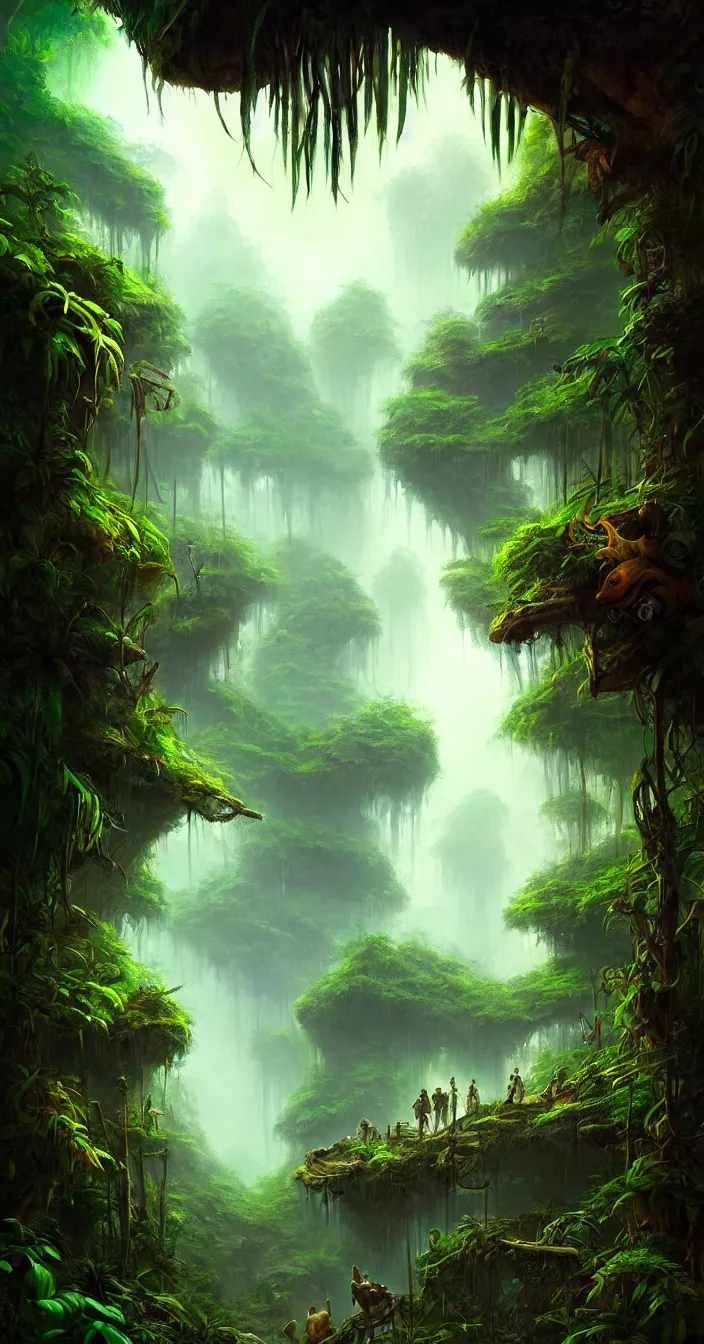 Image similar to dreamy story of jungle, concept art, cinematic lightening, wide angle shot, in the style of greg rutwoski, very hyper realistic, highly detailed, fantasy art station