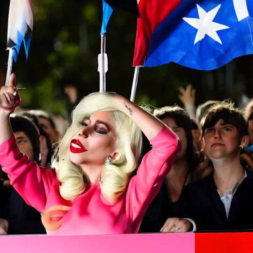 Image similar to Lady Gaga as president, Argentina presidential rally, Argentine flags behind, bokeh, giving a speech, detailed face, Argentina