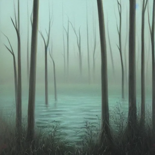 Prompt: oil painting of a dangerous swamp, foggy, horror art, landscape