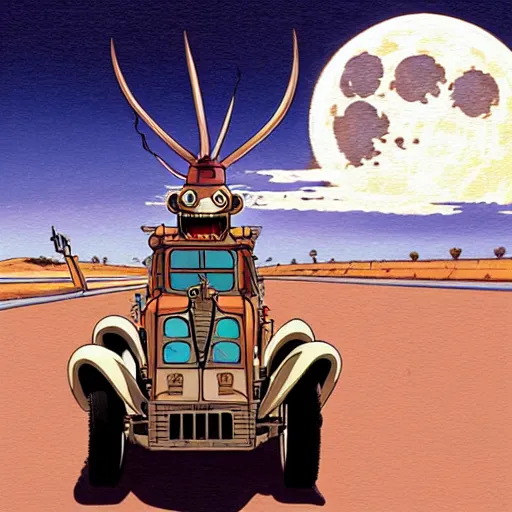 Prompt: a study of cell shaded cartoon of a mechanized jackal from howl's moving castle ( 2 0 0 4 ) on a desert road, in front of a big moon, full body, wide shot, very muted colors, post grunge, studio ghibli, laurie greasley, highly detailed, deviantart, art by artgem