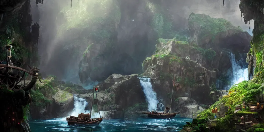 Image similar to a film still of a hidden pirate ship in a waterfall cave from goonies, medium shot, waist up, studio ghibli, pixar and disney animation, sharp, rendered in unreal engine 5, anime key art by greg rutkowski, bloom, dramatic lighting